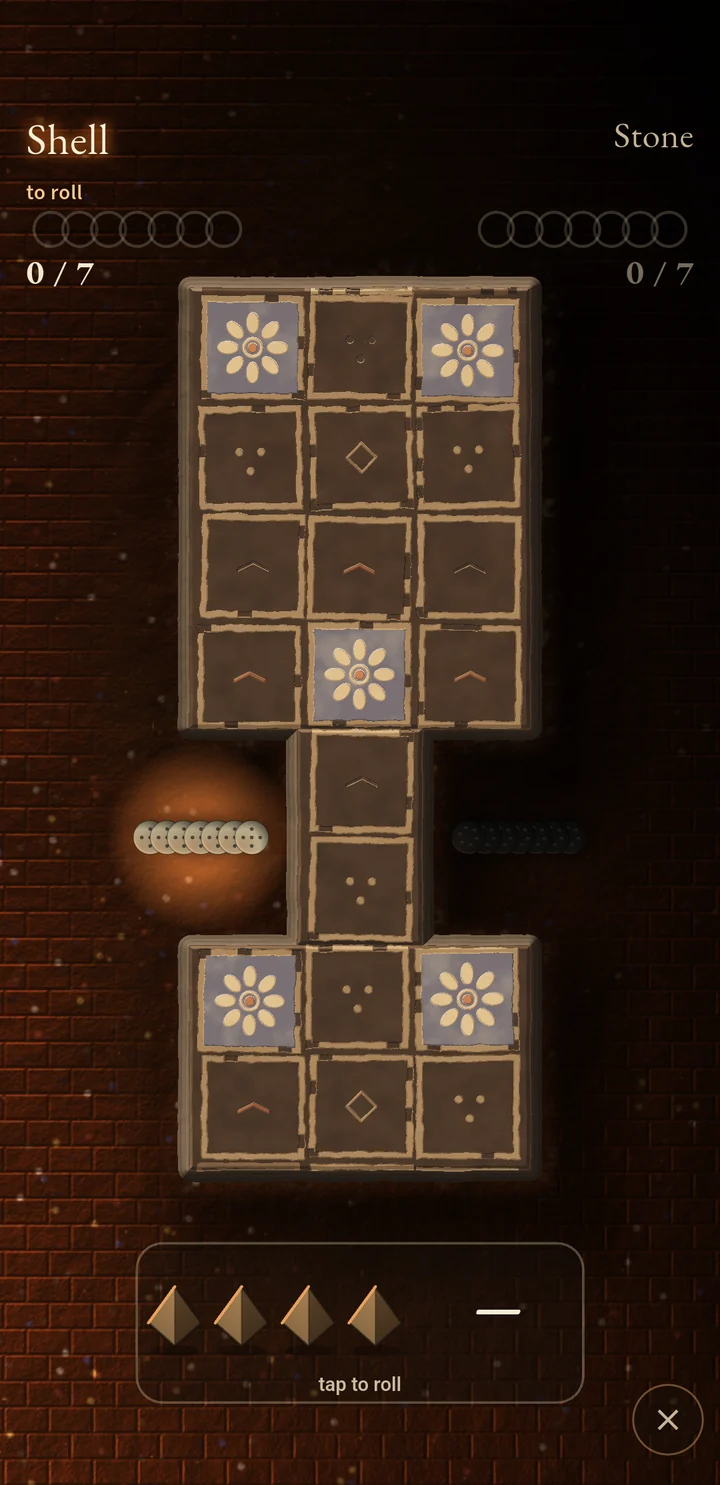 The Royal Game of Ur being played in Bygone, on a shell and lapis board lit by a torch